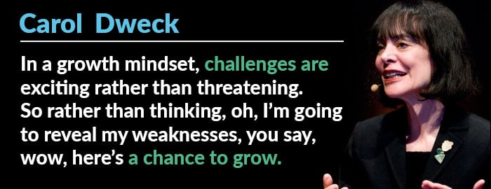 Carol Dweck In a growth mindset, challenges are exciting rather than threatening. So rather than thinking, oh, I'm going to reveal my weaknesses, you say, wow, here's a chance to grow.