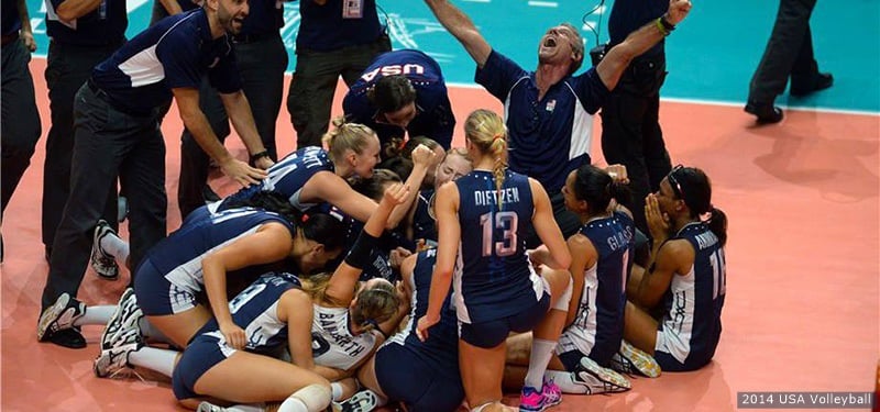 Karch Kiraly and USA Women Volleyball team celebrating win at 2014 World Championships